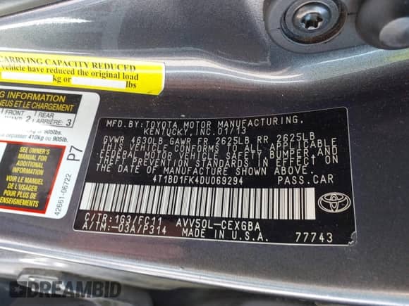 2013 Toyota Camry LE z VIN 4T1BD1FK4DU069294, wystawiony jako IAAI lot #42660361 z przebiegiem 189 304 mil mil oraz . Historia ofert i sprzedaży dostępna na DreamBid. Obrazek 9.