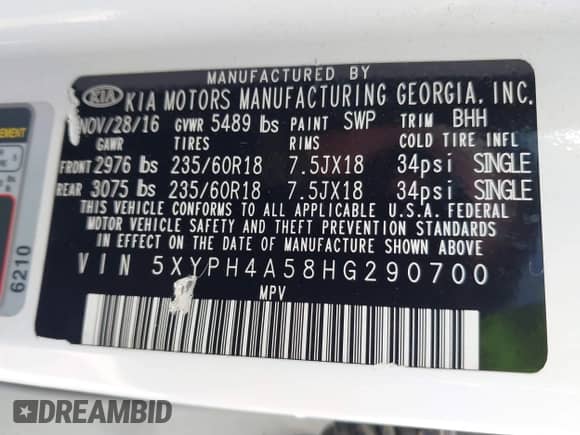 2017 Kia Sorento EX with VIN 5XYPH4A58HG290700, listed as a IAAI auction lot 42241148 with 121,227 mi miles and . Bid and sale history available at DreamBid. Image 9.