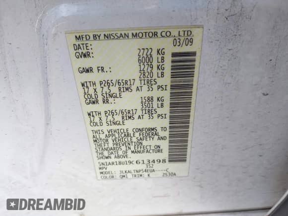 2009 Nissan Pathfinder SE с VIN 5N1AR18U19C613498, выставлен на аукционе IAAI как лот 41892075 с пробегом 131 352 миль миль и . История ставок и продаж доступна на DreamBid. Изображение 9.