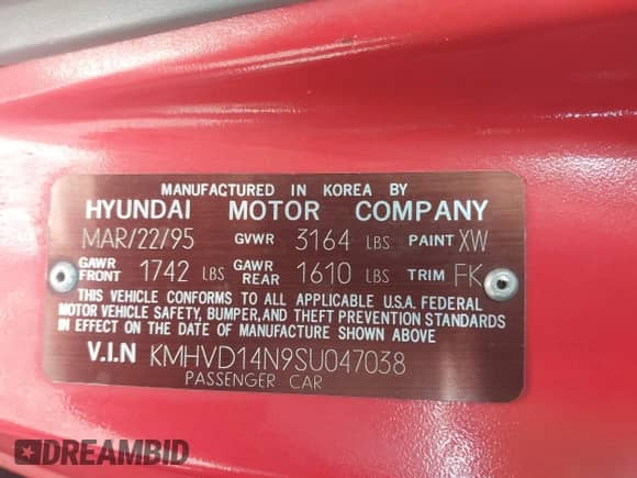 1995 Hyundai Accent z VIN KMHVD14N9SU047038, wystawiony jako IAAI lot #41895712 z przebiegiem 186 094 mil mil oraz . Historia ofert i sprzedaży dostępna na DreamBid. Obrazek 9.