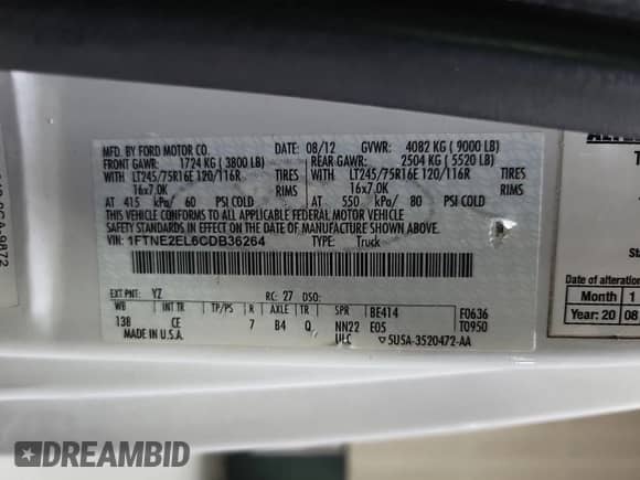 2012 Ford Econoline Cargo Recreational with VIN 1FTNE2EL6CDB36264, listed as a IAAI auction lot 43607093 with 141,640 mi miles and . Bid and sale history available at DreamBid. Image 35.