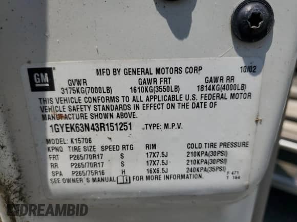 2003 Cadillac Escalade with VIN 1GYEK63N43R151251, listed as a Copart auction lot 62215975 with 186,243 mi miles and Clean title. Bid and sale history available at DreamBid. Image 13.