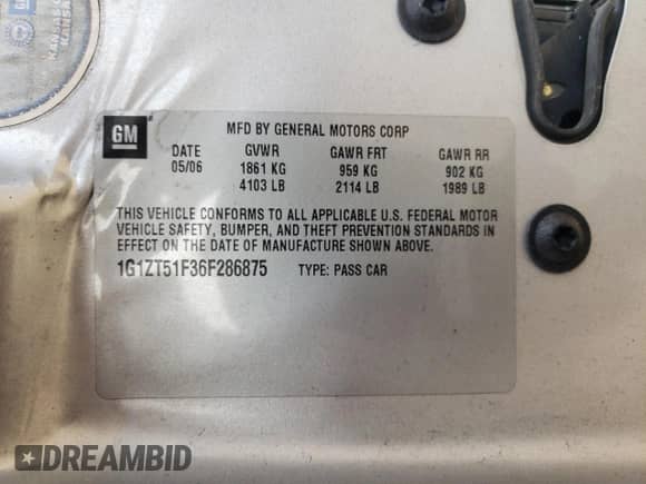 2006 Chevrolet Malibu 1LT с VIN 1G1ZT51F36F286875, выставлен на аукционе Copart как лот 59345755 с пробегом 96 633 миль миль и Списание • Salvage title. История ставок и продаж доступна на DreamBid. Изображение 12.