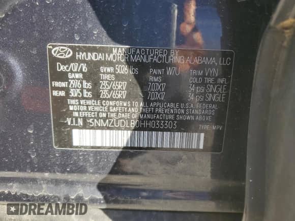 2017 Hyundai Santa Fe 2.4L with VIN 5NMZUDLB0HH033303, listed as a Copart auction lot 86860325 with 55,047 mi miles and Salvage title. Bid and sale history available at DreamBid. Image 14.