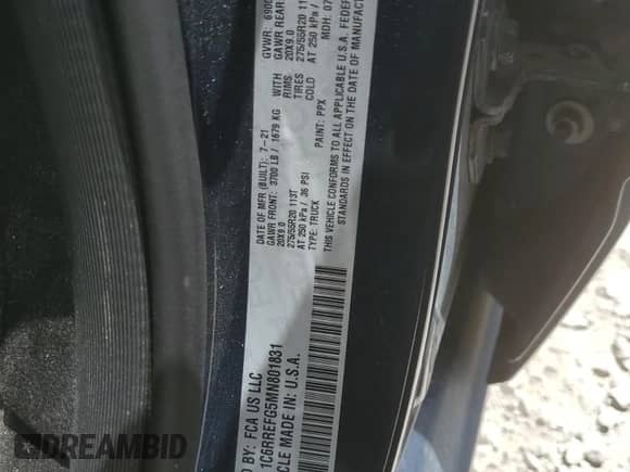 2021 Ram 1500 Big Horn z VIN 1C6RREFG5MN801831, wystawiony jako Copart lot #57651035 z przebiegiem 130 810 mil mil oraz Nie do naprawy • Non repairable. Historia ofert i sprzedaży dostępna na DreamBid. Obrazek 12.