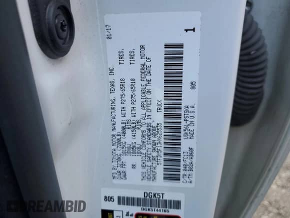 2017 Toyota Tundra SR5 с VIN 5TFDY5F13HX625535, выставлен на аукционе Copart как лот 68273835 с пробегом 106 827 миль миль и На запчасти • Non repairable. История ставок и продаж доступна на DreamBid. Изображение 12.