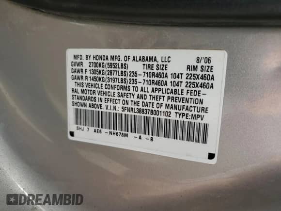 2007 Honda Odyssey Touring z VIN 5FNRL38837B001102, wystawiony jako Copart lot #86654745 z przebiegiem 213 551 mil mil oraz Szkoda całkowita • Salvage title. Historia ofert i sprzedaży dostępna na DreamBid. Obrazek 13.