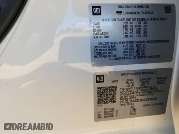 2024 Chevrolet Silverado 1500 Work Truck с VIN 1GCUDAED1RZ329015, выставлен на аукционе Copart как лот 84063245 с пробегом Не указан миль и Списание • Salvage title. История ставок и продаж доступна на DreamBid. Изображение 13.