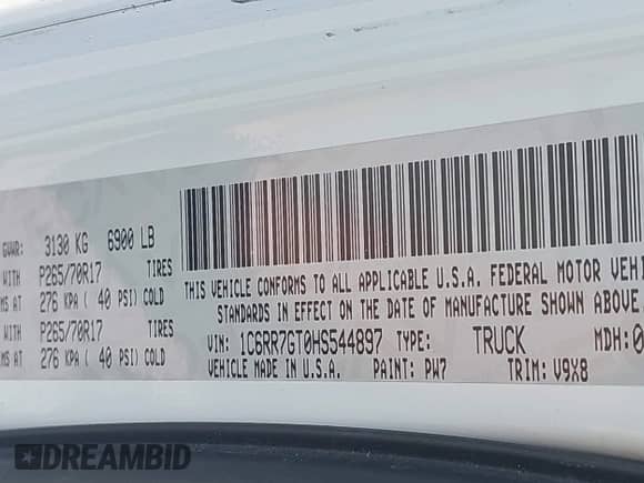 2017 Ram 1500 Big Horn with VIN 1C6RR7GT0HS544897, listed as a IAAI auction lot 42710205 with Not provided miles and . Bid and sale history available at DreamBid. Image 9.