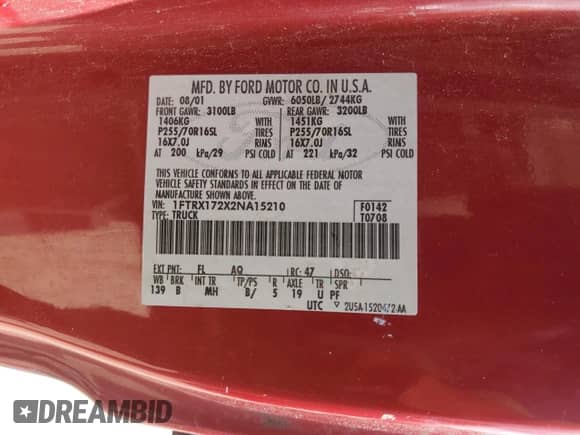 2002 Ford F-150 XL z VIN 1FTRX172X2NA15210, wystawiony jako Copart lot #69617895 z przebiegiem 139 196 mil mil oraz Szkoda całkowita • Salvage title. Historia ofert i sprzedaży dostępna na DreamBid. Obrazek 12.