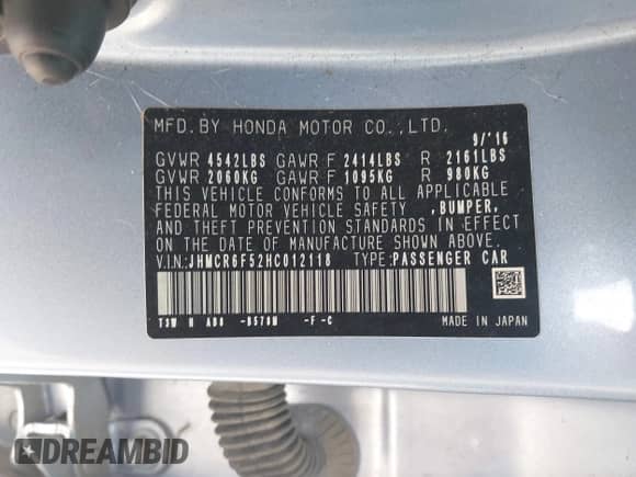 2017 Honda Accord EX-L with VIN JHMCR6F52HC012118, listed as a IAAI auction lot 43109275 with 118,148 mi miles and . Bid and sale history available at DreamBid. Image 9.