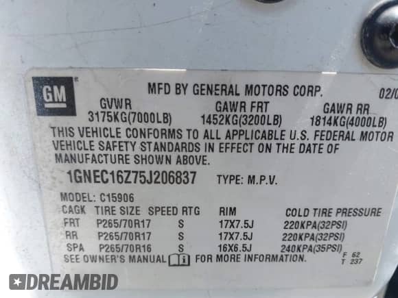 2005 Chevrolet Suburban LS с VIN 1GNEC16Z75J206837, выставлен на аукционе IAAI как лот 42826024 с пробегом 219 805 миль миль и . История ставок и продаж доступна на DreamBid. Изображение 9.