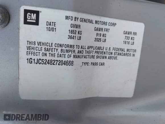 2002 Chevrolet Cavalier с VIN 1G1JC524827204668, выставлен на аукционе IAAI как лот 42255515 с пробегом 177 118 миль миль и . История ставок и продаж доступна на DreamBid. Изображение 9.