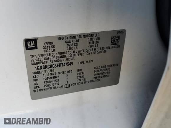 2015 Chevrolet Tahoe LTZ with VIN 1GNSKCKC3FR747549, listed as a Copart auction lot 89621815 with 253,340 mi miles and Clean title. Bid and sale history available at DreamBid. Image 12.