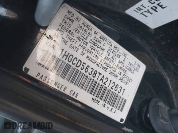 1996 Honda Accord LX with VIN 1HGCD5638TA212631, listed as a IAAI auction lot 42885419 with 258,242 mi miles and . Bid and sale history available at DreamBid. Image 9.