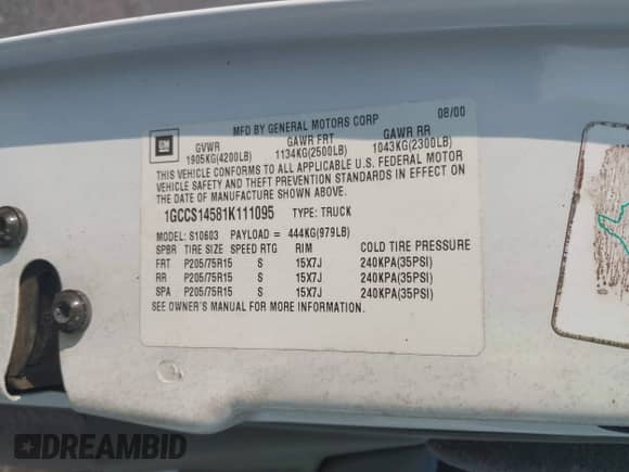 2001 Chevrolet S-10 with VIN 1GCCS14581K111095, listed as a IAAI auction lot 42688624 with 117,923 mi miles and . Bid and sale history available at DreamBid. Image 9.