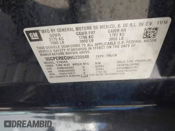 2017 Chevrolet Silverado 1500 LT with VIN 3GCPCREC9HG239048, listed as a IAAI auction lot 42988747 with 141,289 mi miles and . Bid and sale history available at DreamBid. Image 9.