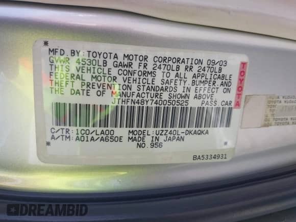 2004 Lexus SC 430 с VIN JTHFN48Y740050525, выставлен на аукционе IAAI как лот 43056432 с пробегом 114 380 миль миль и . История ставок и продаж доступна на DreamBid. Изображение 9.