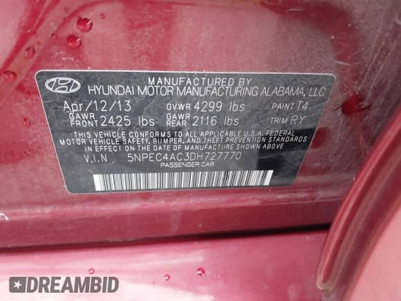 2013 Hyundai Sonata Limited with VIN 5NPEC4AC3DH727770, listed as a IAAI auction lot 42879779 with 113,432 mi miles and . Bid and sale history available at DreamBid. Image 9.