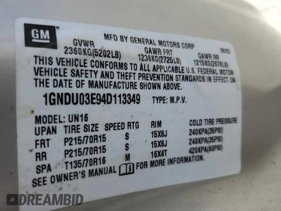 2004 Chevrolet Venture Plus с VIN 1GNDU03E94D113349, выставлен на аукционе Copart как лот 65648695 с пробегом 166 220 миль миль и Чистый • Clean title. История ставок и продаж доступна на DreamBid. Изображение 13.