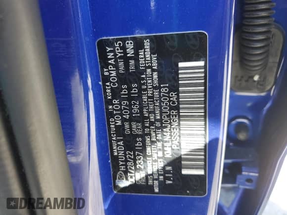 2023 Hyundai Elantra Limited с VIN KMHLN4AJ0PU050781, выставлен на аукционе Copart как лот 81964215 с пробегом 54 643 миль миль и На запчасти • Non repairable. История ставок и продаж доступна на DreamBid. Изображение 12.