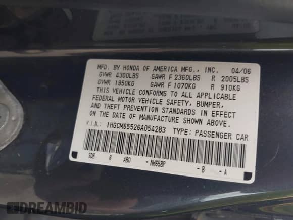 2006 Honda Accord EX-L с VIN 1HGCM65526A054283, выставлен на аукционе IAAI как лот 41941532 с пробегом 181 287 миль миль и . История ставок и продаж доступна на DreamBid. Изображение 9.