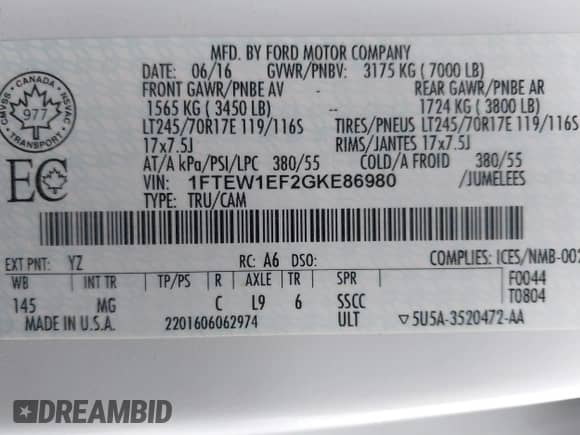 2016 Ford F-150 XLT z VIN 1FTEW1EF2GKE86980, wystawiony jako IAAI lot #41839674 z przebiegiem 183 211 mil mil oraz . Historia ofert i sprzedaży dostępna na DreamBid. Obrazek 9.