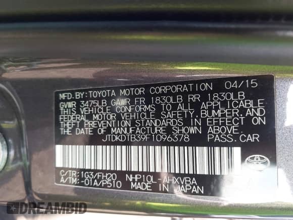 2015 Toyota Prius One z VIN JTDKDTB39F1096378, wystawiony jako IAAI lot #42947064 z przebiegiem 174 105 mil mil oraz . Historia ofert i sprzedaży dostępna na DreamBid. Obrazek 9.