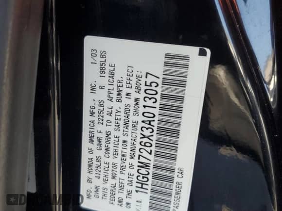 2003 Honda Accord EX with VIN 1HGCM726X3A013057, listed as a Copart auction lot 71712925 with 195,443 mi miles and Salvage title. Bid and sale history available at DreamBid. Image 12.