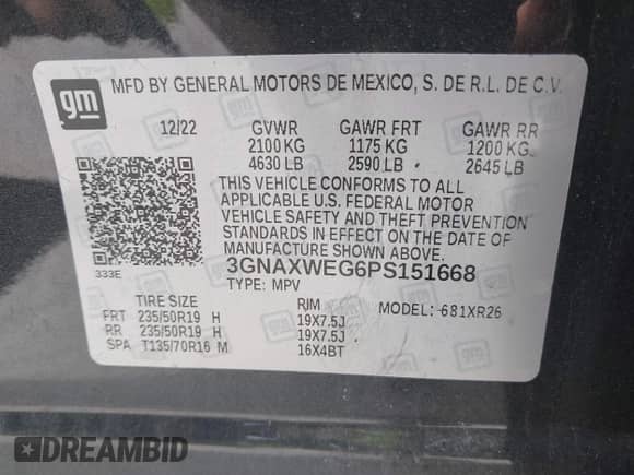 2023 Chevrolet Equinox RS with VIN 3GNAXWEG6PS151668, listed as a IAAI auction lot 42699384 with 31,949 mi miles and . Bid and sale history available at DreamBid. Image 9.