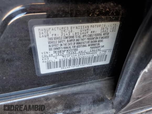 2019 Nissan Sentra S с VIN 3N1AB7AP1KY227955, выставлен на аукционе Copart как лот 82004395 с пробегом 73 565 миль миль и Списание • Salvage title. История ставок и продаж доступна на DreamBid. Изображение 12.