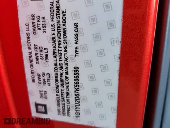 2019 Chevrolet Corvette Z06 3LZ with VIN 1G1YU2D67K5606590, listed as a Copart auction lot 72090335 with 60,275 mi miles and Salvage title. Bid and sale history available at DreamBid. Image 12.