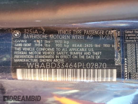 2004 BMW 3 Series 325Ci with VIN WBABD33464PL02870, listed as a Copart auction lot 90540995 with 215,536 mi miles and Clean title. Bid and sale history available at DreamBid. Image 12.