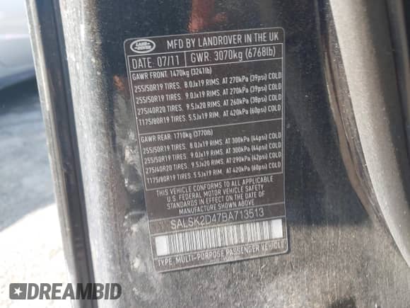 2011 Land Rover Range Rover Sport HSE Lux with VIN SALSK2D47BA713513, listed as a IAAI auction lot 42664248 with 234,659 mi miles and . Bid and sale history available at DreamBid. Image 9.