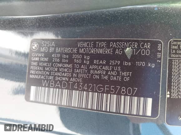 2001 BMW 5 Series 525i with VIN WBADT43421GF57807, listed as a IAAI auction lot 43451791 with 187,186 mi miles and . Bid and sale history available at DreamBid. Image 9.