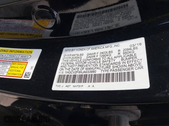 2018 Honda Accord Touring z VIN 1HGCV2F9XJA033990, wystawiony jako IAAI lot #42901257 z przebiegiem 110 822 mil mil oraz . Historia ofert i sprzedaży dostępna na DreamBid. Obrazek 9.