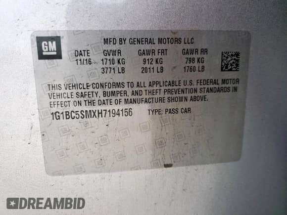 2017 Chevrolet Cruze LS с VIN 1G1BC5SMXH7194156, выставлен на аукционе Copart как лот 82127635 с пробегом 121 267 миль миль и Списание • Salvage title. История ставок и продаж доступна на DreamBid. Изображение 12.