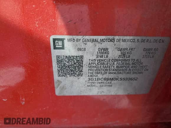 2019 Chevrolet Cruze LS z VIN 3G1BC6SM0KS533652, wystawiony jako Copart lot #45180495 z przebiegiem 114 644 mil mil oraz Szkoda całkowita • Salvage title. Historia ofert i sprzedaży dostępna na DreamBid. Obrazek 12.