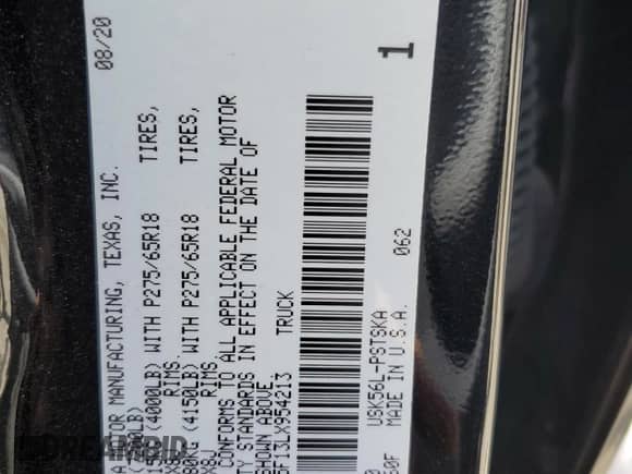 2020 Toyota Tundra SR5 with VIN 5TFDY5F13LX954213, listed as a Copart auction lot 65200365 with 40,542 mi miles and Salvage title. Bid and sale history available at DreamBid. Image 12.