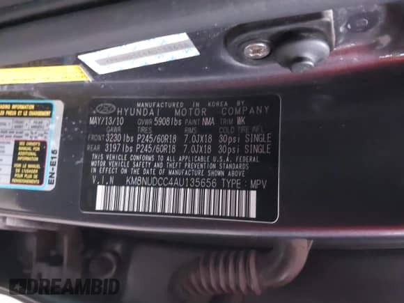 2010 Hyundai Veracruz Limited с VIN KM8NUDCC4AU135656, выставлен на аукционе IAAI как лот 42187192 с пробегом 137 574 миль миль и . История ставок и продаж доступна на DreamBid. Изображение 9.