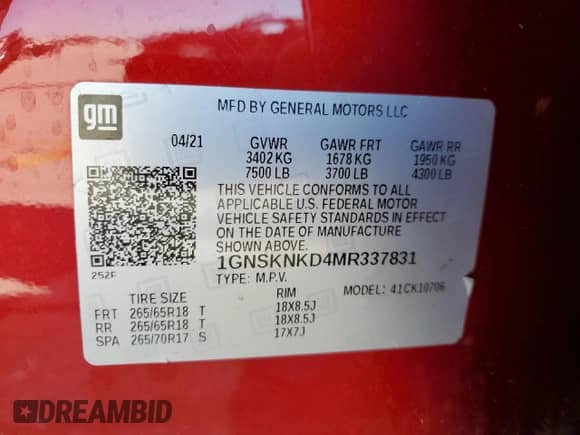 2021 Chevrolet Tahoe LT z VIN 1GNSKNKD4MR337831, wystawiony jako Copart lot #82391495 z przebiegiem 122 065 mil mil oraz Szkoda całkowita • Salvage title. Historia ofert i sprzedaży dostępna na DreamBid. Obrazek 14.