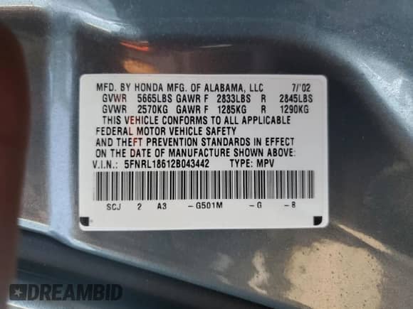 2002 Honda Odyssey EX с VIN 5FNRL18612B043442, выставлен на аукционе Copart как лот 80682835 с пробегом 228 210 миль миль и Списание • Salvage title. История ставок и продаж доступна на DreamBid. Изображение 13.