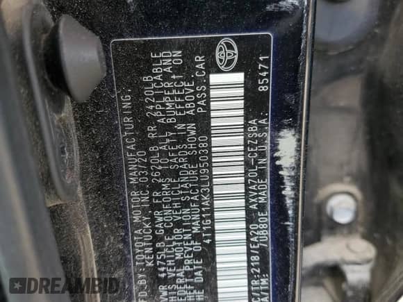2020 Toyota Camry SE z VIN 4T1G11AK3LU950380, wystawiony jako Copart lot #80906115 z przebiegiem 57 080 mil mil oraz Szkoda całkowita • Salvage title. Historia ofert i sprzedaży dostępna na DreamBid. Obrazek 12.