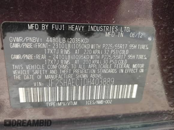 2013 Subaru Forester X Limited with VIN JF2SHAEC1DH403889, listed as a IAAI auction lot 42923586 with 179,858 mi miles and . Bid and sale history available at DreamBid. Image 9.