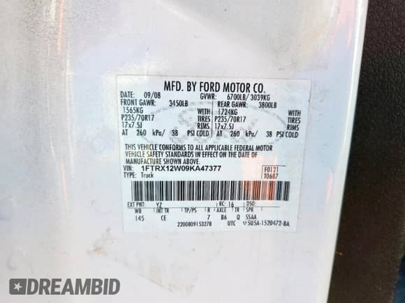 2009 Ford F-150 STX z VIN 1FTRX12W09KA47377, wystawiony jako Copart lot #83997595 z przebiegiem Nie podano mil oraz Szkoda całkowita • Salvage title. Historia ofert i sprzedaży dostępna na DreamBid. Obrazek 13.