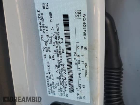 2025 Ford F-150 with VIN 1FTFW4L84SFA22679, listed as a Copart auction lot 61936525 with 551 mi miles and Salvage title. Bid and sale history available at DreamBid. Image 12.