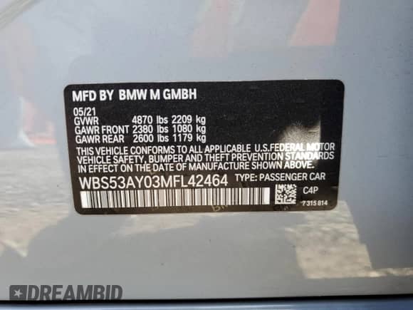 2021 BMW M3 с VIN WBS53AY03MFL42464, выставлен на аукционе Copart как лот 42829735 с пробегом 19 875 миль миль и Списание • Salvage title. История ставок и продаж доступна на DreamBid. Изображение 13.