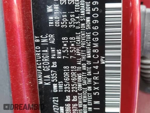 2021 Kia Sorento S with VIN 5XYRL4LC8MG069059, listed as a Copart auction lot 61282965 with 53,869 mi miles and Salvage title. Bid and sale history available at DreamBid. Image 14.