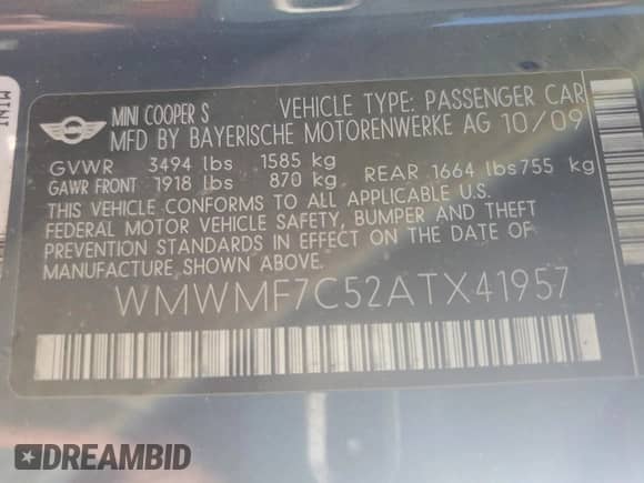 2010 MINI Hardtop S с VIN WMWMF7C52ATX41957, выставлен на аукционе Copart как лот 84436445 с пробегом 131 486 миль миль и Чистый • Clean title. История ставок и продаж доступна на DreamBid. Изображение 12.