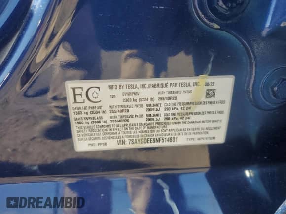 2022 Tesla Model Y Long Range with VIN 7SAYGDEE8NF514801, listed as a Copart auction lot 86123585 with 28,230 mi miles and Salvage title. Bid and sale history available at DreamBid. Image 12.